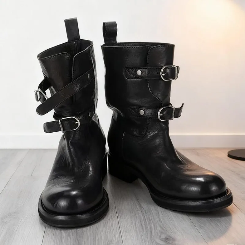 Retro Lederstiefel mit Schnalle und Kitten-Heel für Damen, Herbst und Winter 2026, neue runde Zehenpartie, Blockabsatz-Schuhe