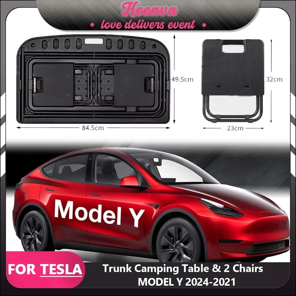 

Портативный багажник для кемпинга для Tesla Model Y 2024-2021, складной стол для путешествий на открытом воздухе с 2 стульями