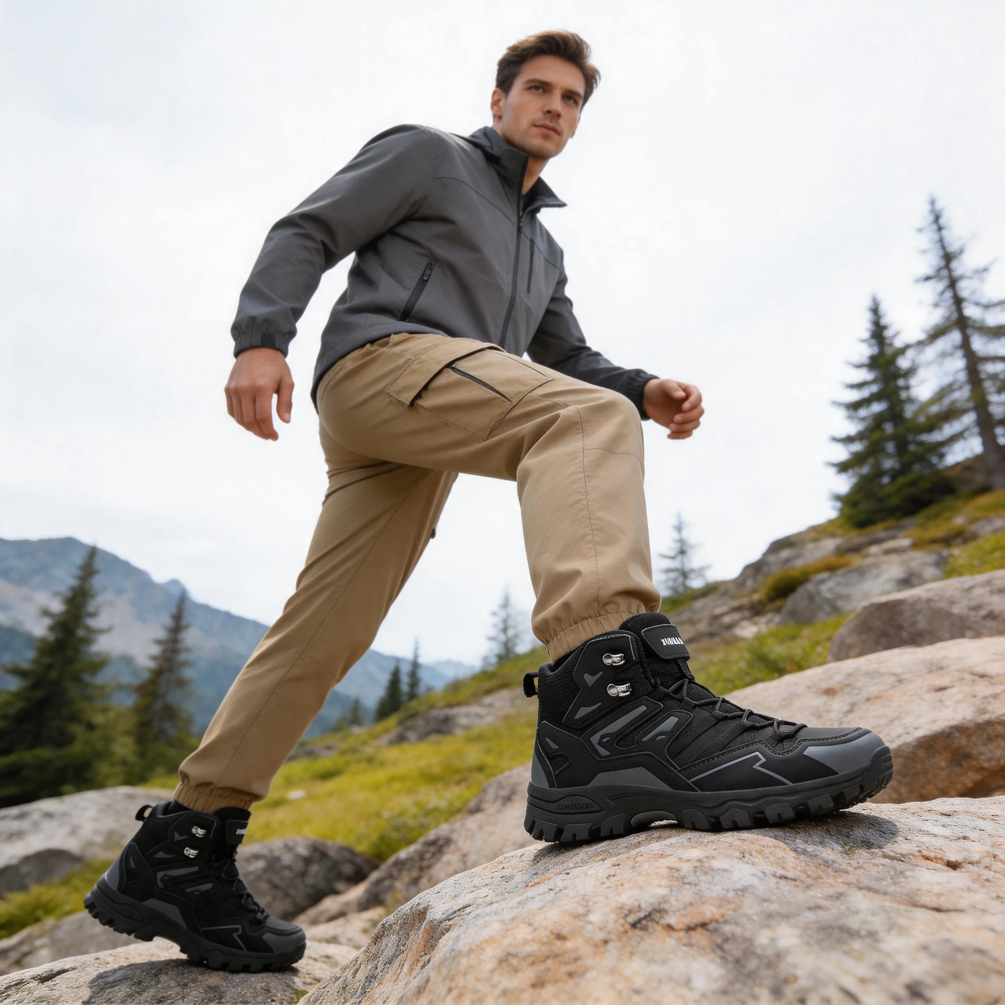 Men's Plus Size High-Top Leather Hiking Boots for Outdoor Trekking and Trail Running
