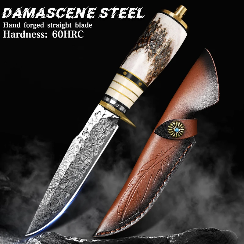 

VG10 Damascus Steel Fixed-Blade Knife, Men's Knife, Natural Antler Handle, Ideal for Outdoor Camping, Hiking, and as an EDC Tool
