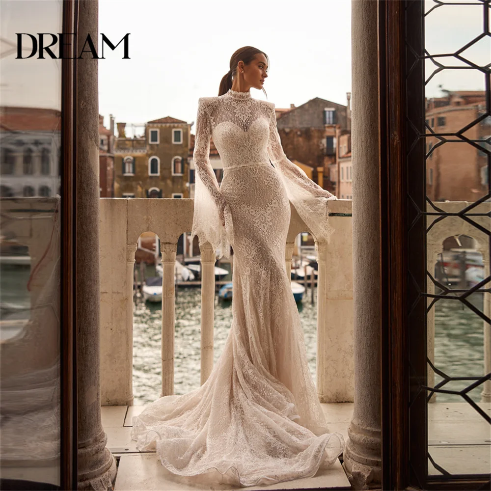 

DREAM Luxury Lace Mermaid Wedding Dresses Women Long Sleeve High Collar Illusion Back Bridal Gown Vestidos De Noiva Customized