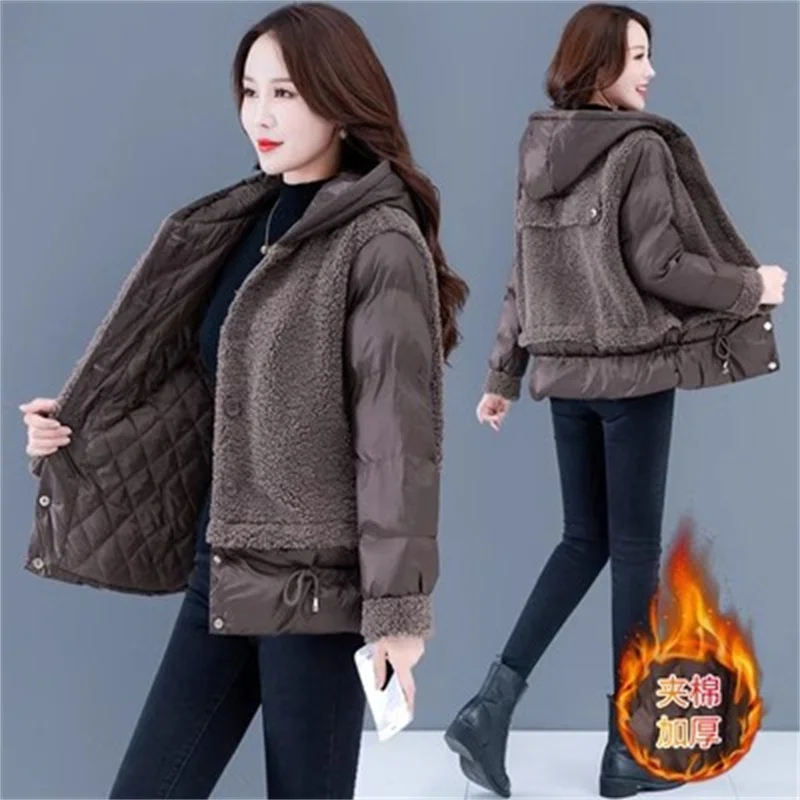 

Ladies Lambswool Short Coat 2023 Autumn Winter New Korean Version Loose Leisure Add Velvet Padded Fashion Warm Cotton Jacket