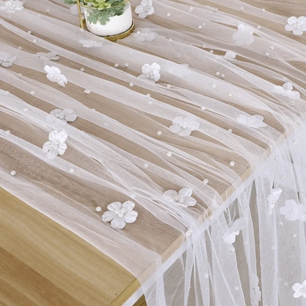 Elegant Flower Pearl Tablecloth Romantic Semi-Transparent Tulle Fabric Tablecloth Decorative Pearl Embellishments