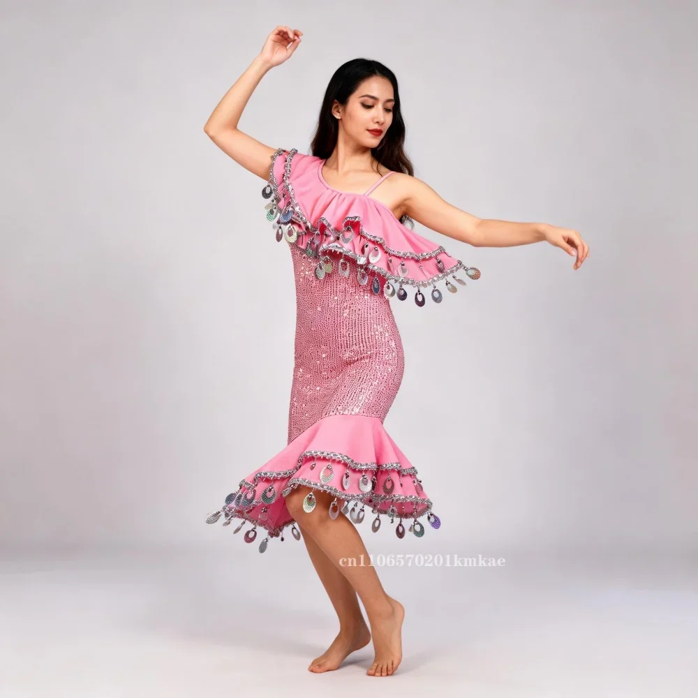 Kostium do tańca brzucha, cekinowa różowa orientalna spódnica Melaya, strój na zamówienie do występów i konkursów dla dorosłych i młodzieży.