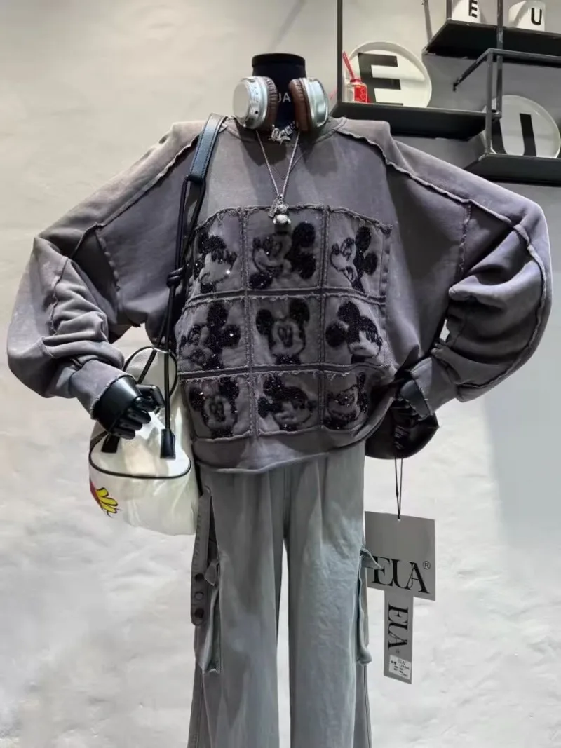 

American Retro Sweatshirt Women Loose Autumn Winter New Heavy Craftsmanship Trendy Brand Nine Palace Grid Mickey Short Y2k Tops