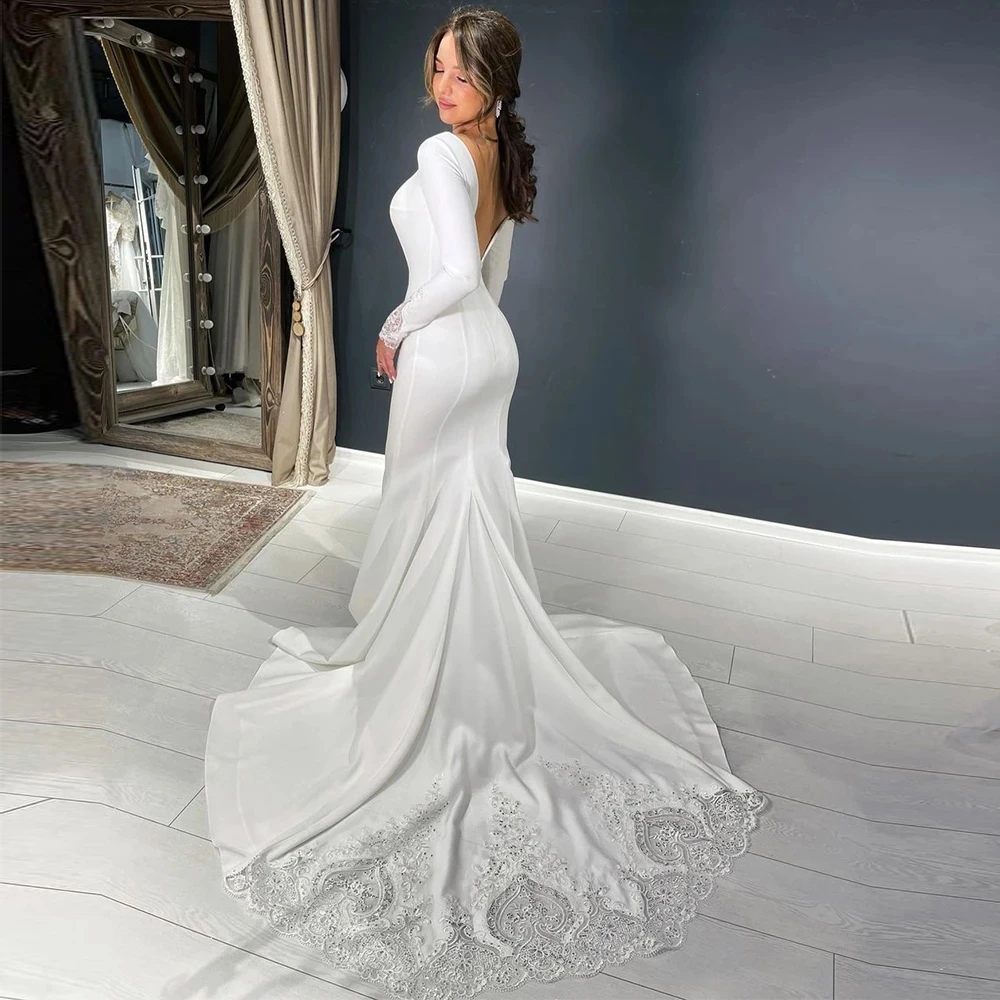 Flavinke Sexy Mermaid Satin Backless Wedding Dresses 2024 Long Sleeves Applique Bridal Dresses Stain Robe De Soirée Mariage