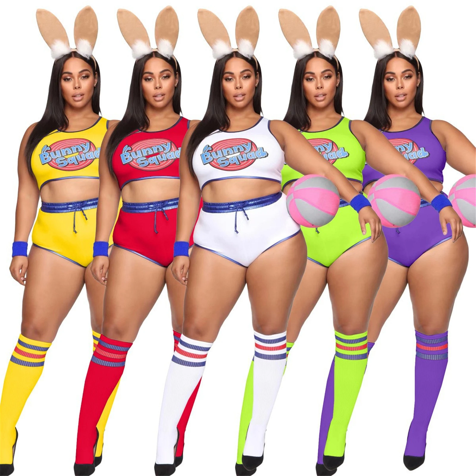 Women Halloween Bunny Costume Set Vest Shorts Socks Headband Wristband Full Outfit Performance Costume Tracksuit