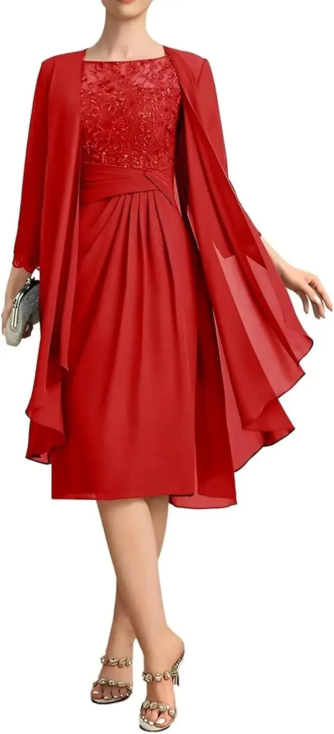 QMANSHA Maßgeschneidertes staubblaues Spitzen-Chiffon-Abendkleid in Knielänge für die Brautmutter mit geraffter Taille – Detail 16