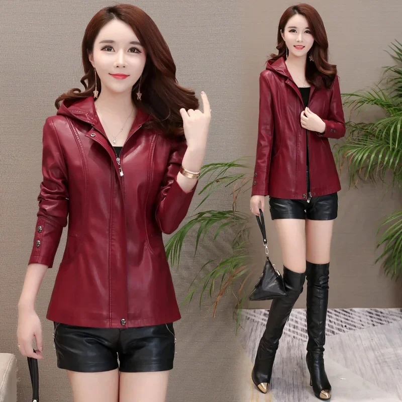 2023 Autumn Winter Women's Leather Jackets Clothes Short Silm Casual Coats Versatile Hooded Leather Jacket for Women Jaqueta CJK