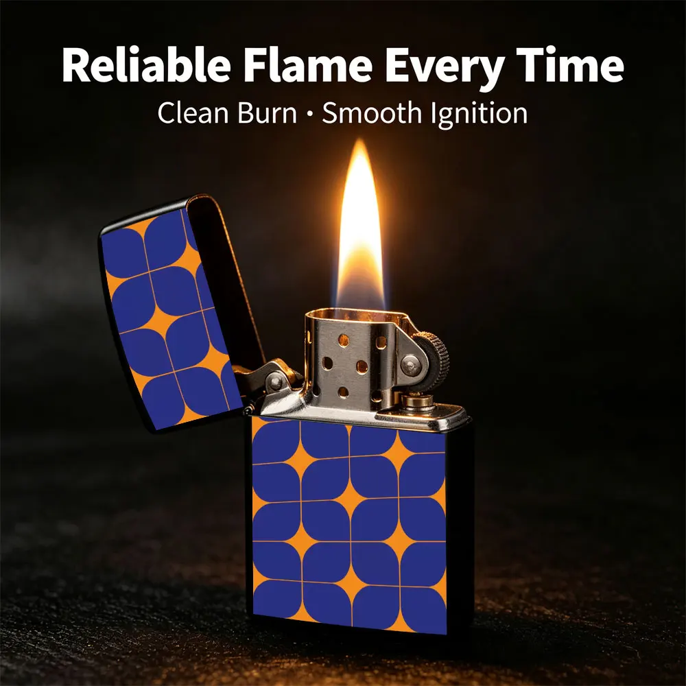 Pocket Lighter, Flip-Top Windproof Design, Metal Shell with Blue and Orange Pattern, Ergonomic Grip, Durable and Reliable - Perfect for Daily Use