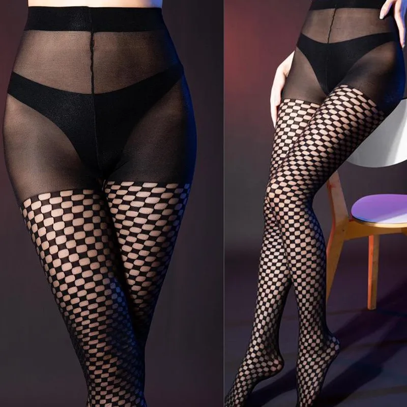 Sexy Long Stockings Open Crotch Stockings Checkered Tempting To Tear On The Bed Sexy Lingerie Woman Socks High Waisted Tights