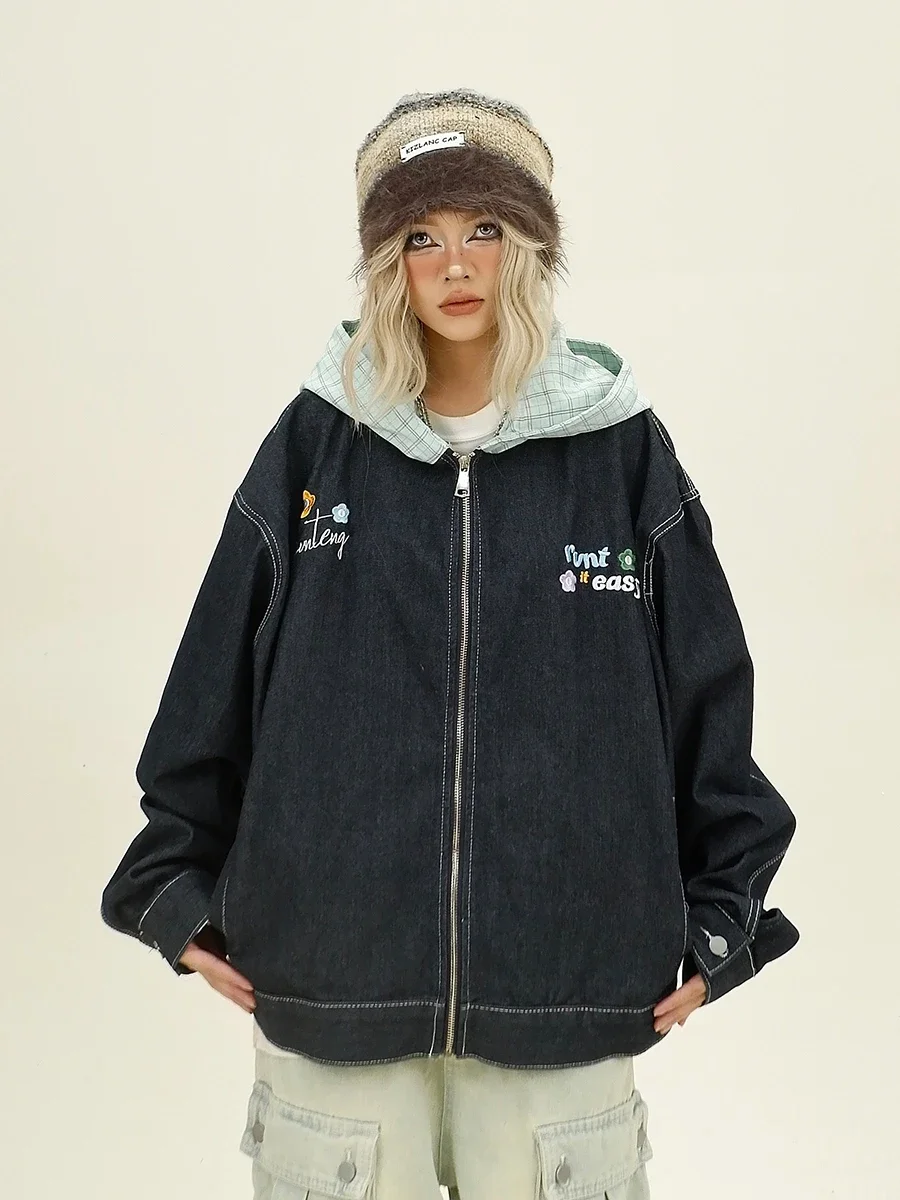 

Plaid Splicing Hooded Denim Jacket 2024 Autumn New Loose Bf American College Style Coats Women