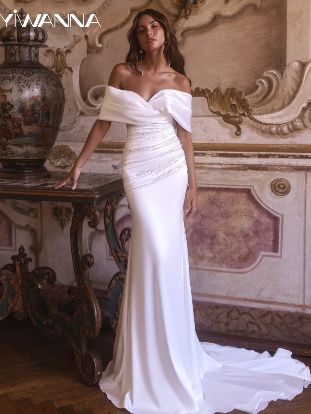 

Hand-sewn Sequined Pearls Wedding Dress Off The Shoulder Bridal Gown Customized White Satin Mermaid Long Dresses For Bride