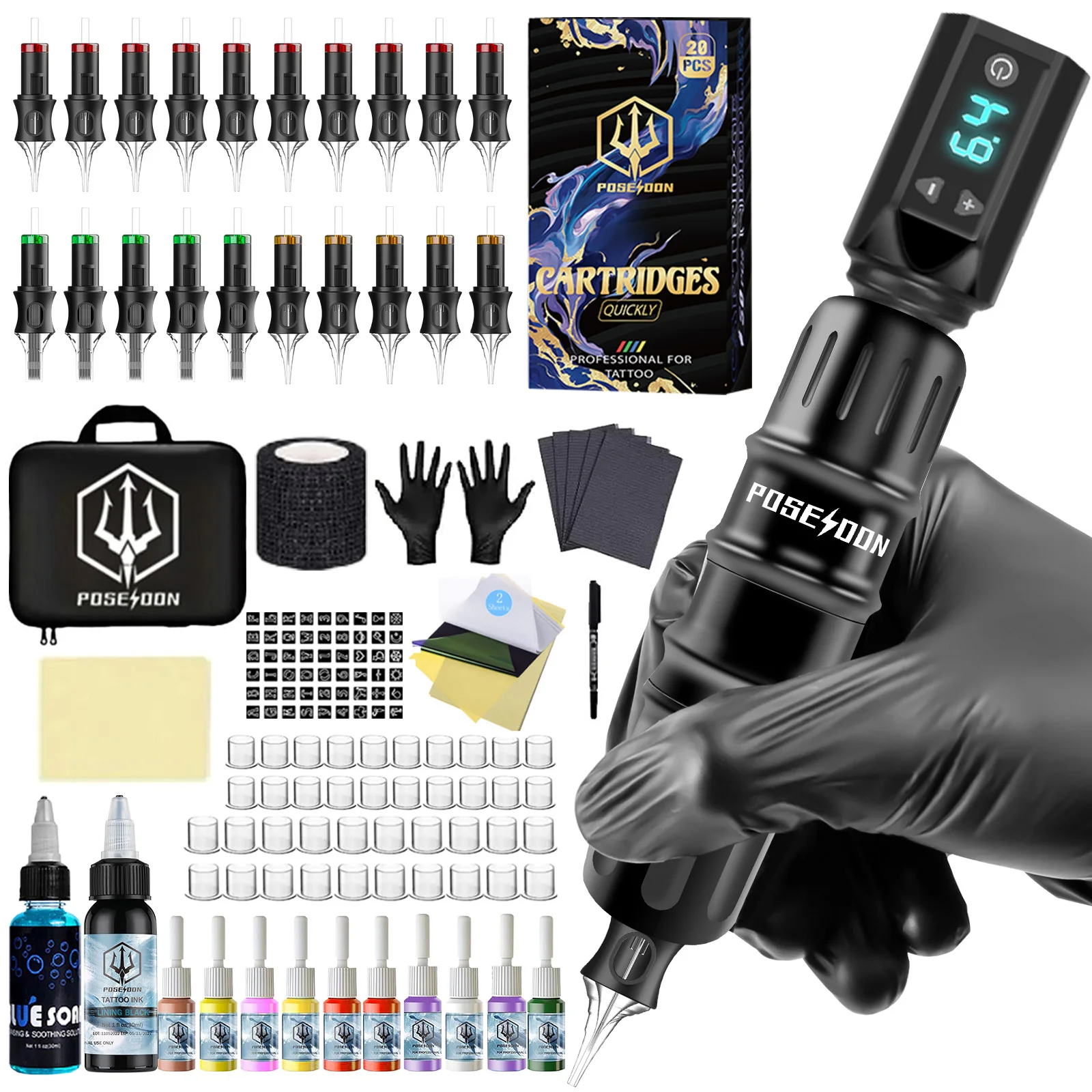 

POSEIDON Tattoo Kit V5 Беспроводная ручка для татуировки Набор для перманентного макияжа Тату-машинка Комплект Высокомощный источник питания для татуировки Тату-пистолет