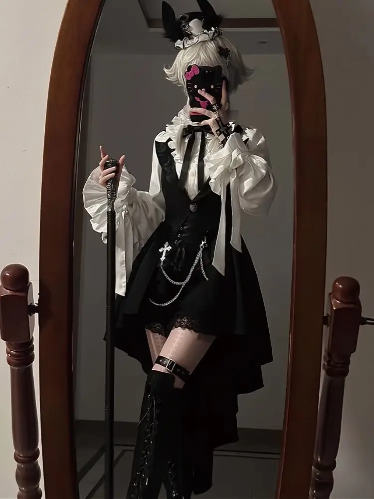 

NONSAR【Haunted Manor】Twin Duke Prince White Shirt + Black Lace Shorts + Gothic Tailcoat Waistcoat Lolita Gothic 3 Pieces Set