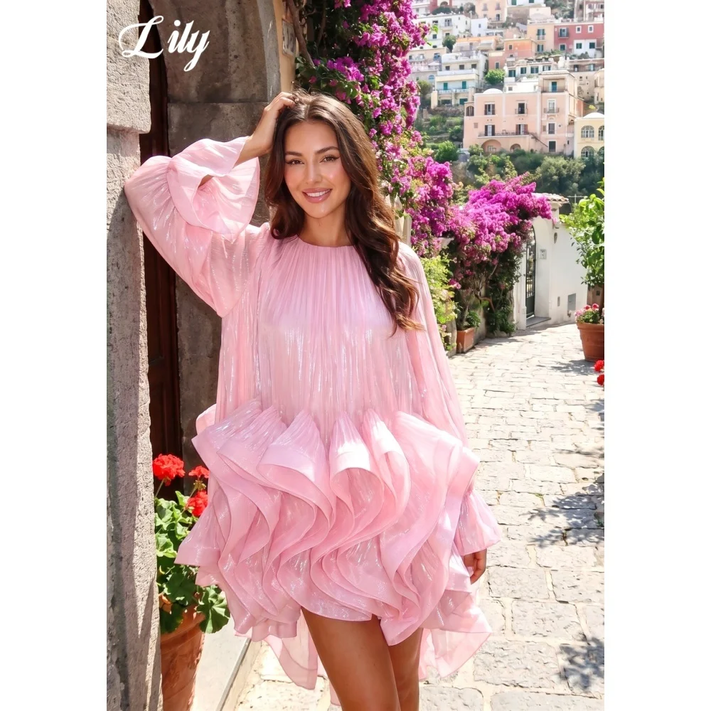 Lily Pink Shimmer Prom Dress Long Sleeve Ruffle Evening Dress Loose Fit Short Party Dress Chic & Unconventional Gown Customized image 4