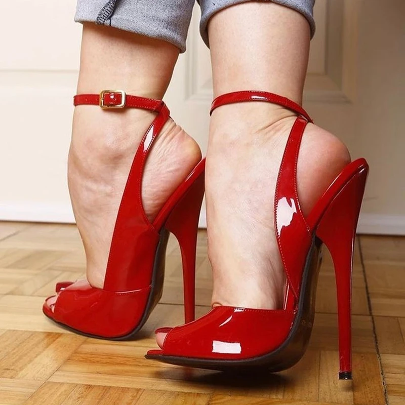 

Concise Open Toe Cutouts Cover Heels Female Banquet Dress Shoes Red Patent Leather Ankle Strap High Heel Sandals