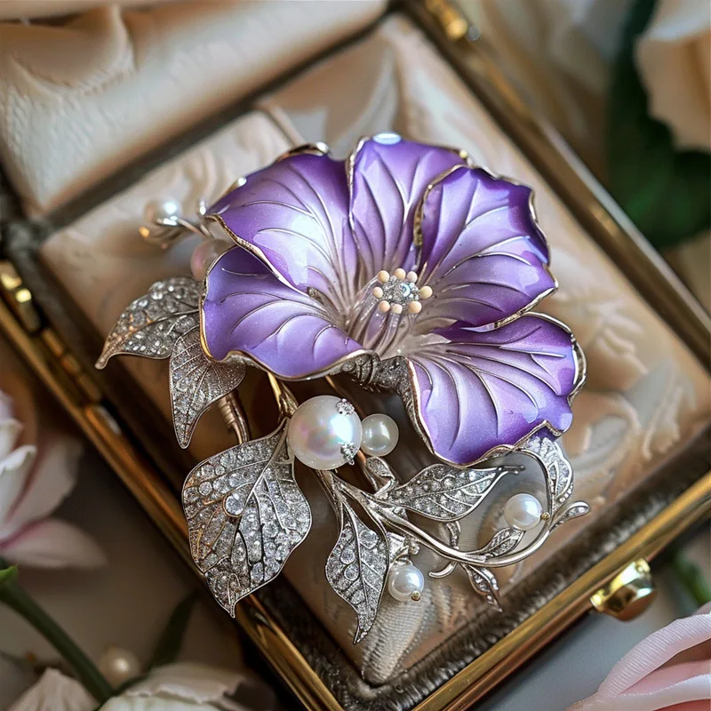 

Romantic Morning Glory Brooch - Enamel Painted Floral Pin with Natural Pearl/Bead, Elegant Garden Style Jewelry Gift for Women