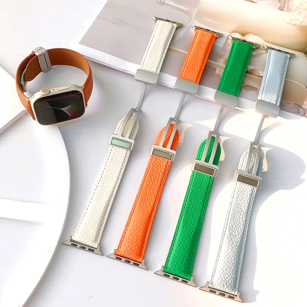 Leather Magnetic Buckle Strap for Apple Watch 8 7 45mm 41mm Ultra 49mm PU Leather Band for iWatch Series 6 5 4 3 44mm 42mm 40mm