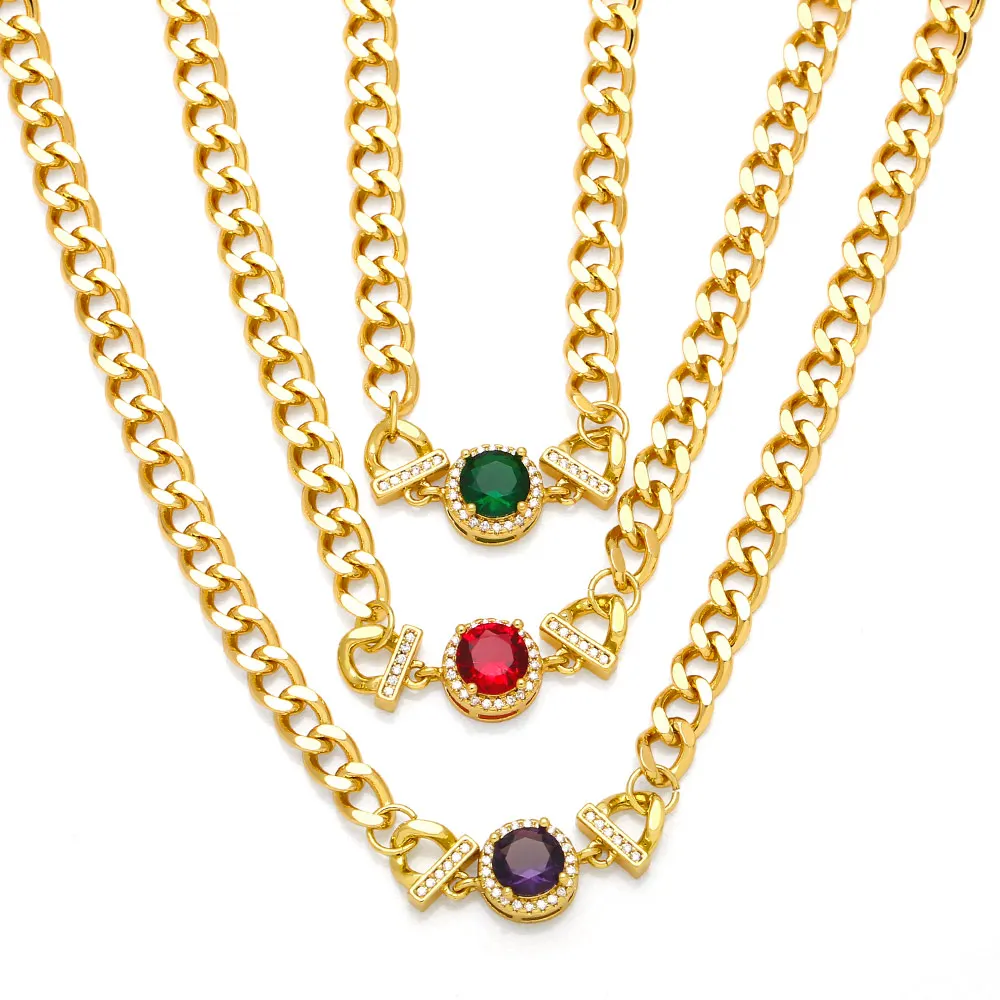 

Statement Cuban Link Chain Necklaces for Women Round Disc Crystal Necklaces Gold Plated CZ Jewelry Party Gifts nkeb556