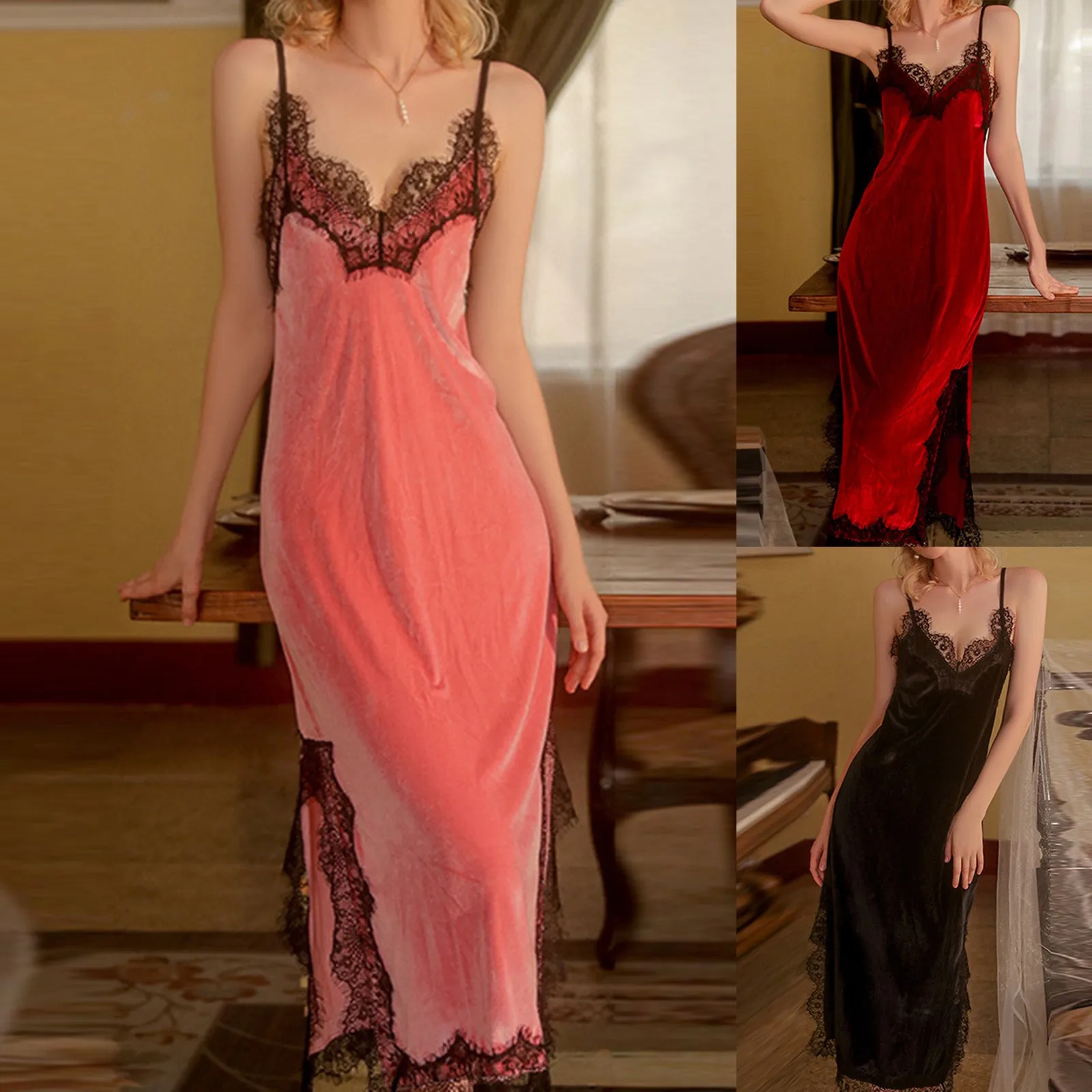 French Style Sexy Sleepwear Women Lace Velvet Long Night Dress Backless V-neck Nightdress Lingerie Nightgown Sleepshirts Pajamas