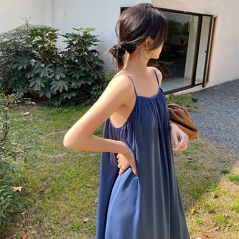 Nightgown Women Summer Girls Simple Casual All-match Korean Fashion Baggy Temperament A-line Personality Pleated Backless Chic