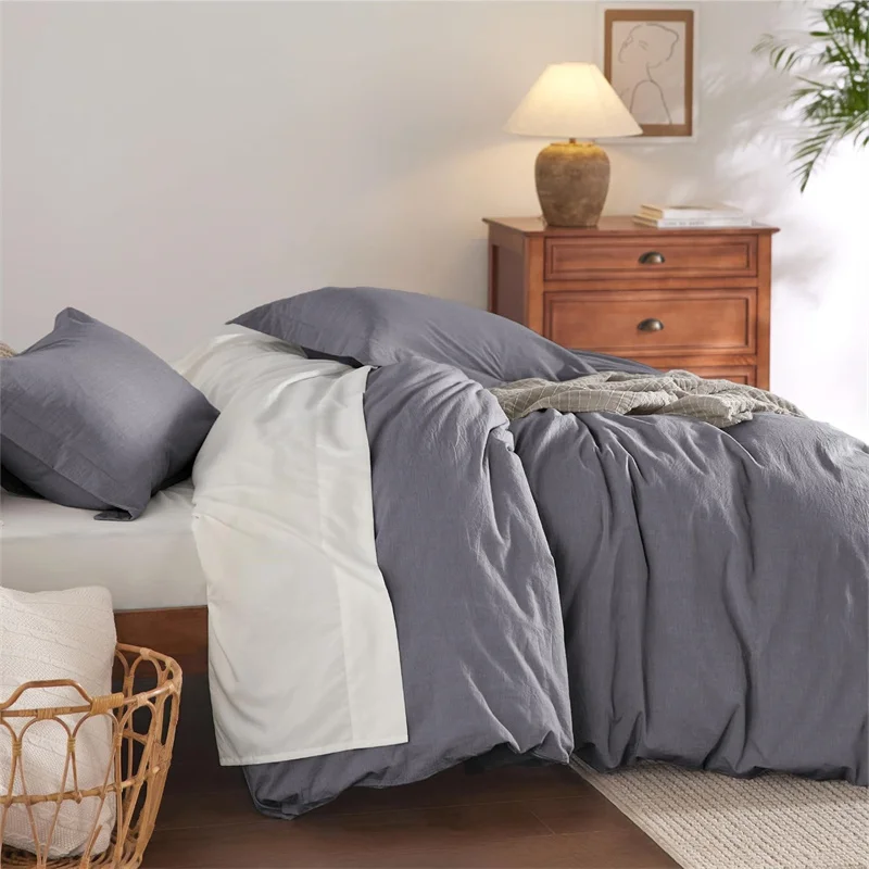 Washed Cotton 3pcs Bedding Set Solid Color Duvet Cover Set with Pillowcase Soft Breathable Comforter Cover for Bedroom Boy Girl