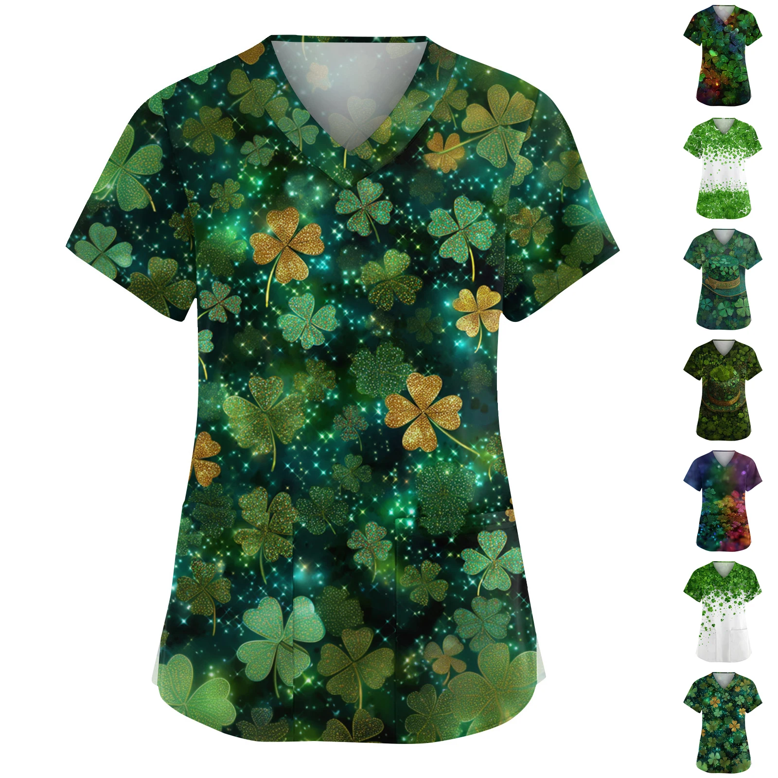 

Medical Women Workwear Casual St Patrick's Day Paul Print V-Neck Short Sleeve Patch Pocket Protective Tops Work Uniform for Lady