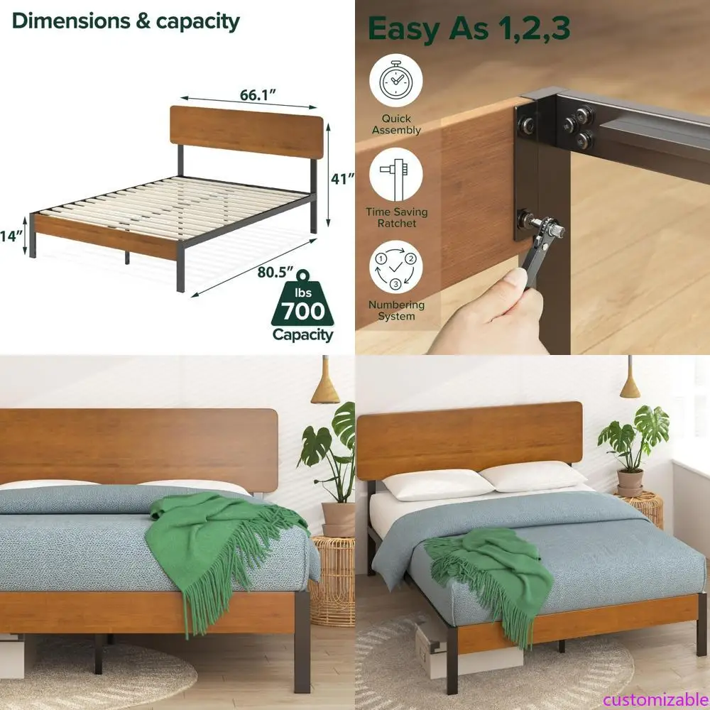 "Soltura de cama con plataforma de metal y bambú olivia tamaño queen con soporte de láminas de madera, no requiere somier, fácil montaje"