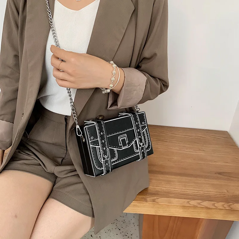 Black and White Box Design Women Casual Purses and Handbags Fashion Clutch Bag Shoulder Chain Bag 2023 Crossbody Bag Pu Leather