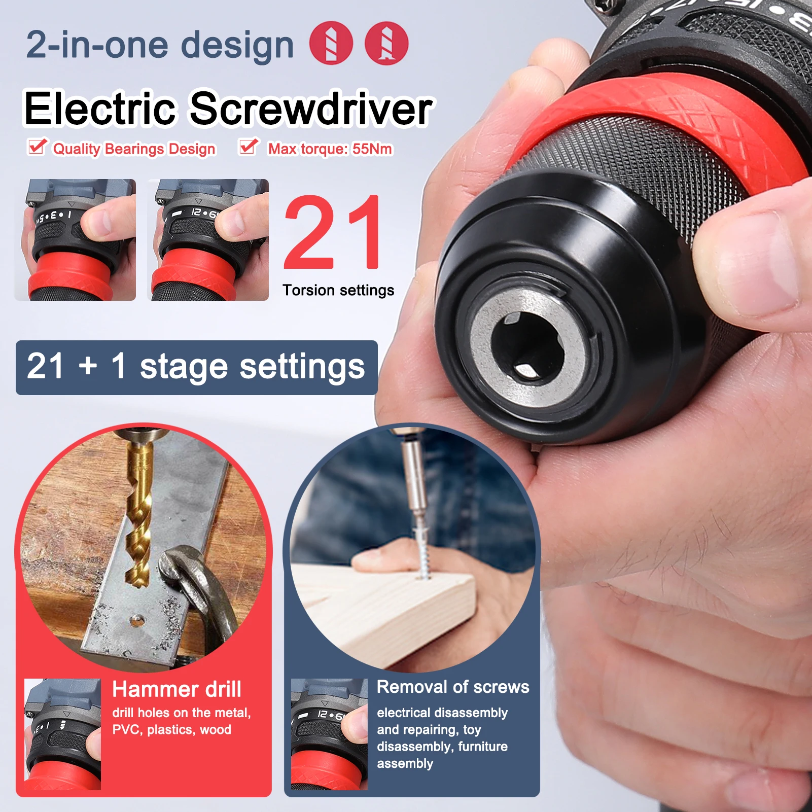 Wiertarka litowa 21V 2w1 wkrętak elektryczny wielofunkcyjne elektronarzędzie 55Nm moment obrotowy bezszczotkowy silnik praktyczna naprawa śrubokręta