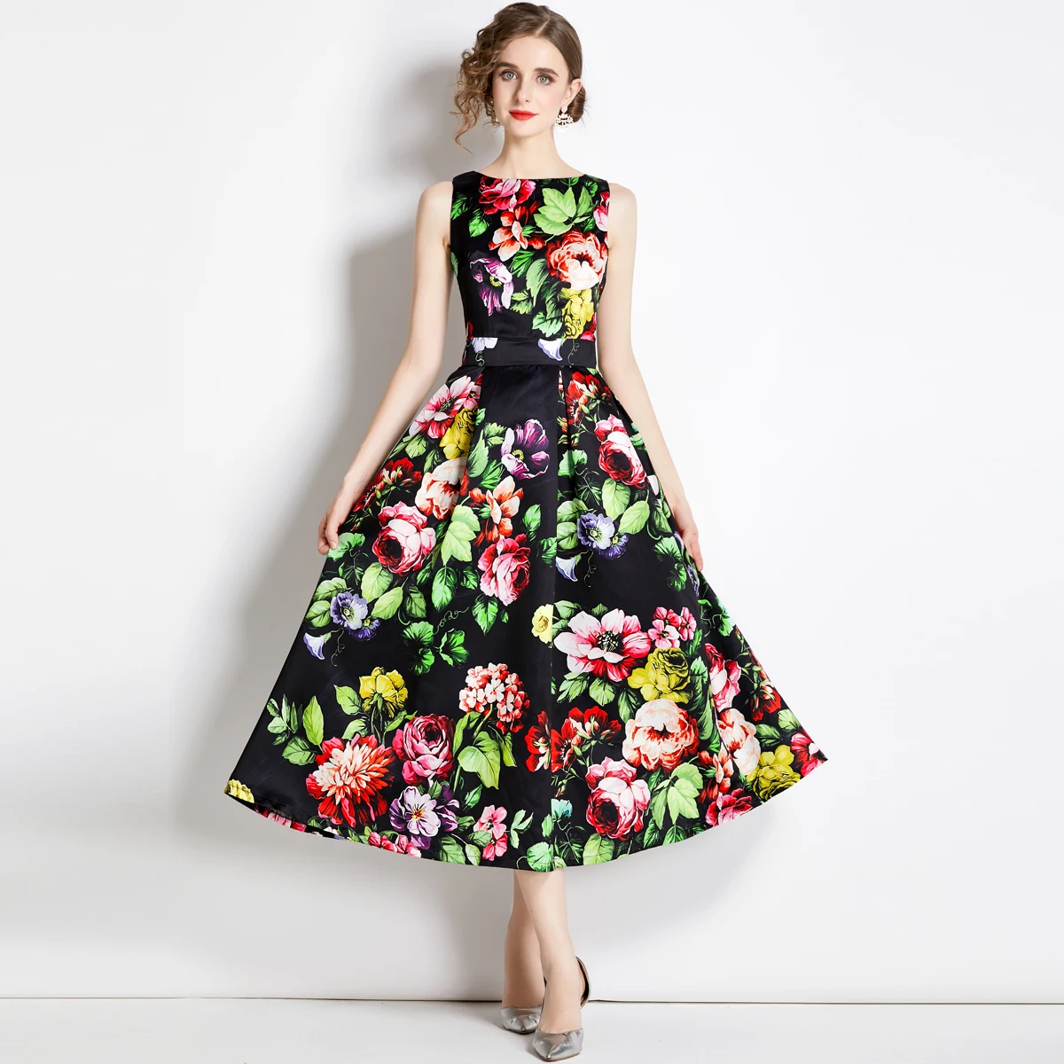 2023 New Fashion Designer Flower Summer Print Vintage Elegant A Line Party Dresses Women Birthday Dinner Dress Goblincore Runway