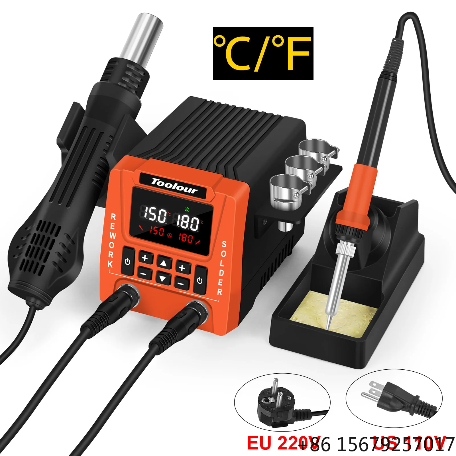 851 Hot Air Soldering Iron Station 2-IN-1 for Rework, Desoldering with 3 Hot Air Nozzles, Soldering Iron Stand, Heat Gun Holder