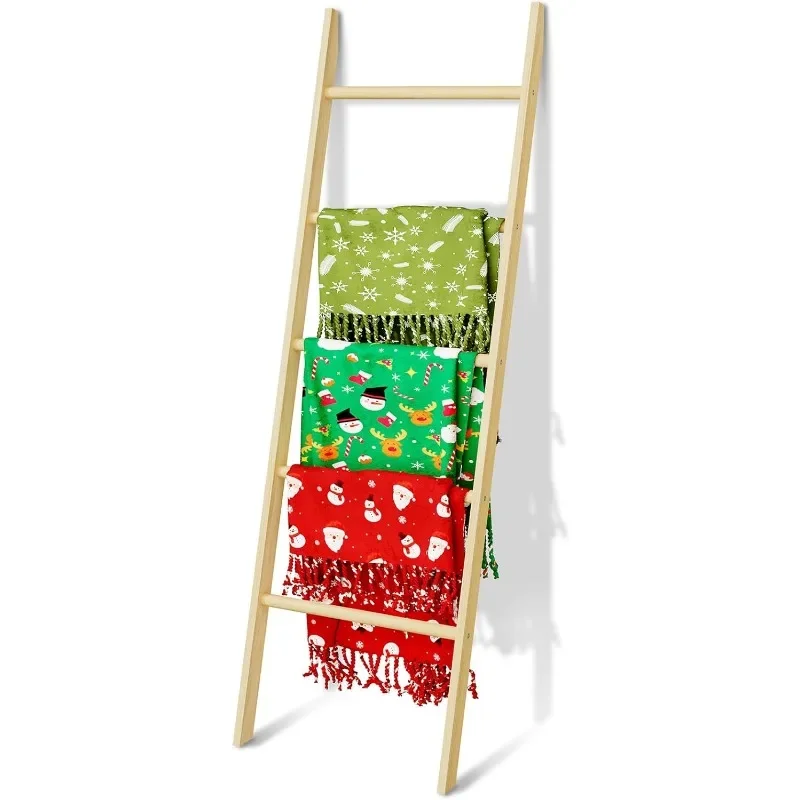 5-Tier Blanket Ladder Wooden, Non-folding 4.8FT(57.5'') Blanket Quilt Holder Rack Decorative Ladder, Easy Assembly, Rustic Farmh