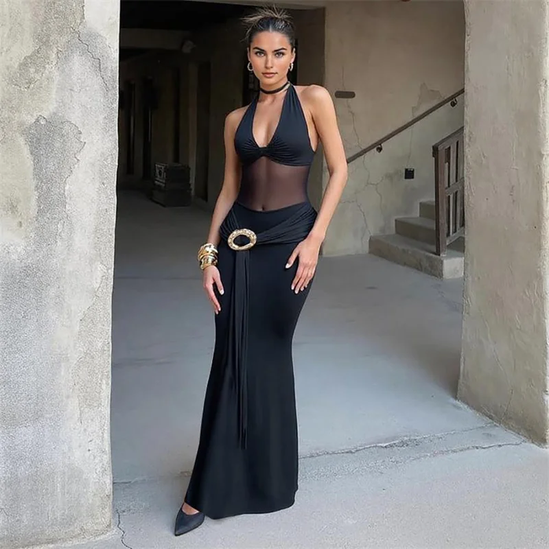 Sexy Halter V-neck Party Maxi Dress Women Elegant Mesh Patchwork Sleeveless Metal Ring Nightclub Prom Evening Dresses Vestidos