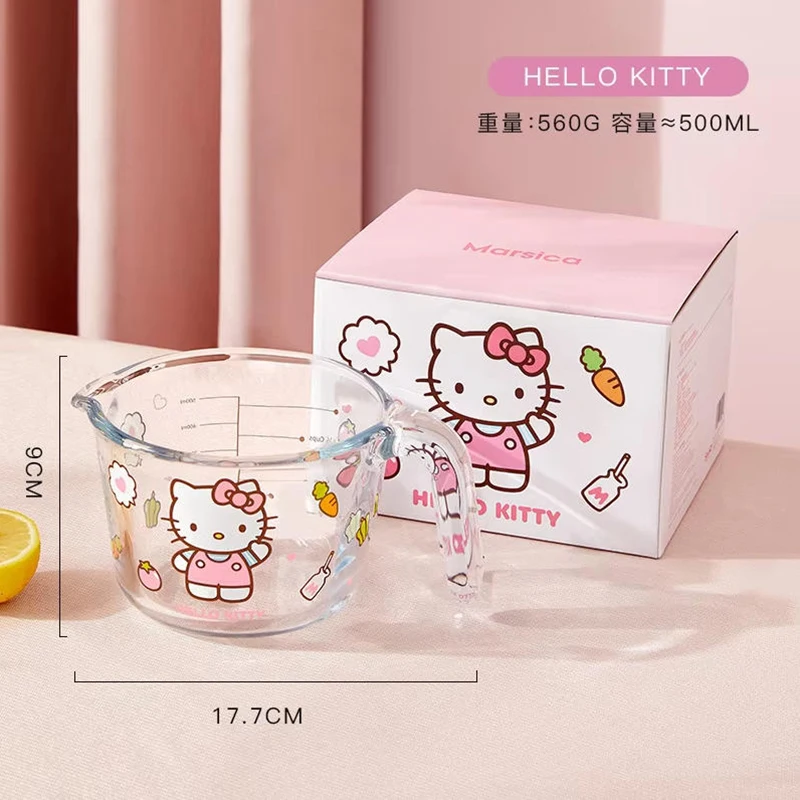 

500ML Hello Kitty Sanrio High Temperature Resistant Glass Measuring Cup Graduated Kitchen Milk Milliliter Measuring Cup Toy Gift