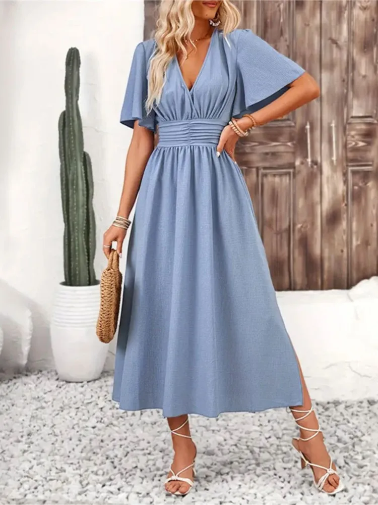 

Women New Elegant Split Dresses Fashion Solid Color V Neck Short Sleeve Split Hem Stretchy Waist 2025 Summer Casual Long Dress