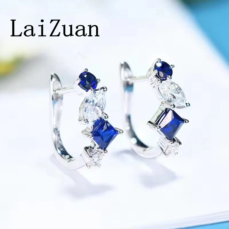 LaiZuan Solid 18k White Gold Marquise Natural Diamond Stud Earrings Women Jewelry Classical Princess Sapphire Gemstone Earrings