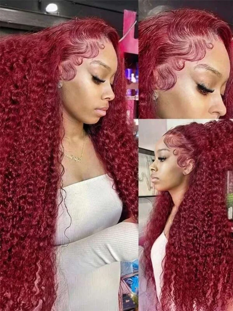 

34 дюйма 99J Кудрявые вьющиеся человеческие волосы Парики 13x4 HD Парики фронта шнурка Бордовый вьющийся парик из человеческих волос 250% Плотность Цветные парики для женщин