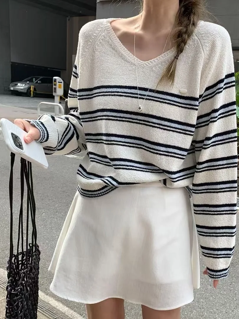 

Faionable Stripe Knitted Sweater Women's Overhead Sle Versatile Lazy Faion Small Basic Long Sve Autumn Top