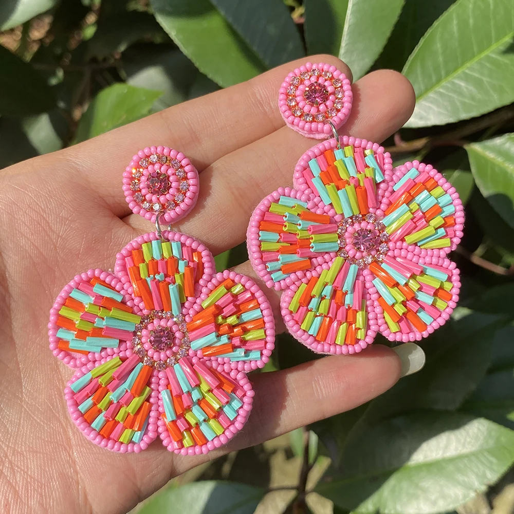 AENSOA Romantic Pink Seed Beaded Flower Drop Earrings for Women Girls Multicolor Acrylic Tube Floral Earrings Handmade Jewelry