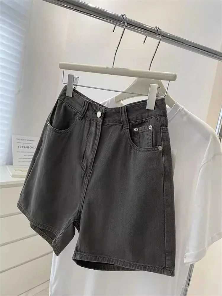 Calça larga larga larga versão coreana feminina em linha A, shorts jeans casual de cintura alta, perna reta, versátil, moda verão