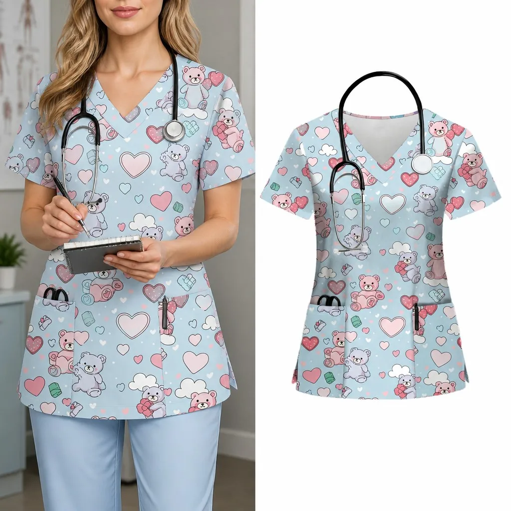Women's Spring/Summer Nurse Uniform - Cute Animal Print V-Neck Surgical Gown with Pockets - Polyester Knit Fabric T-Shirt