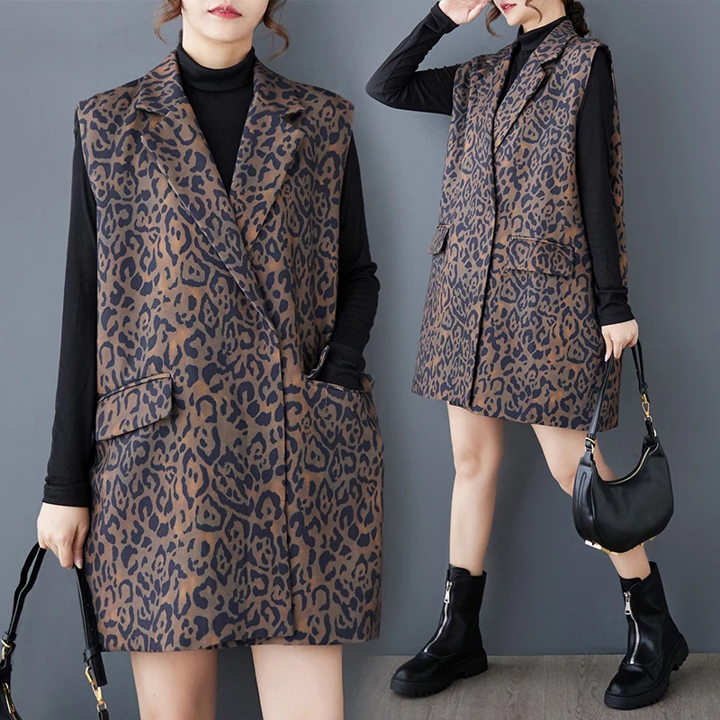 

Faionable plus Size Animal Print Vest Long Svel Jaet Spring Autumn Tailored Collar Wide Matched Clothing Outerwear