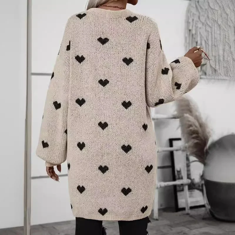 Casual Heart-shaped Print Knitted Cardigan Fashionable Loose Long-sleeved Tops Sweater Autumn Versatile Long Cardigan Women 2024