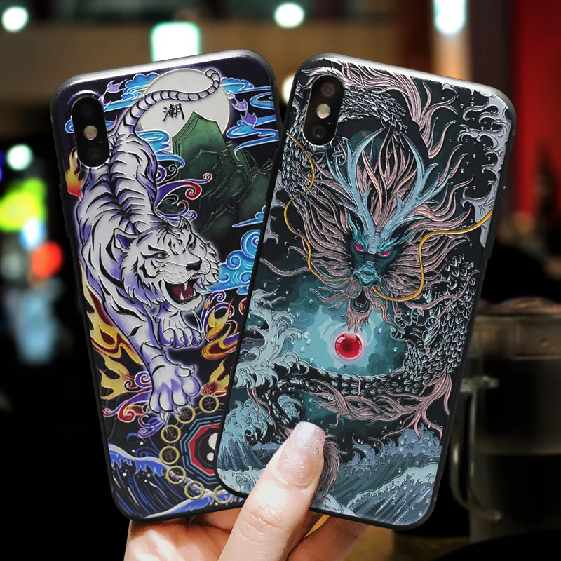 for iPhone 14 13 12 XR XS 11 Pro Max Mini SE 2020 8 7 Plus 6s Case 3D Relief Dragon Tiger Pattern Matte Soft Drawing Cover Funda