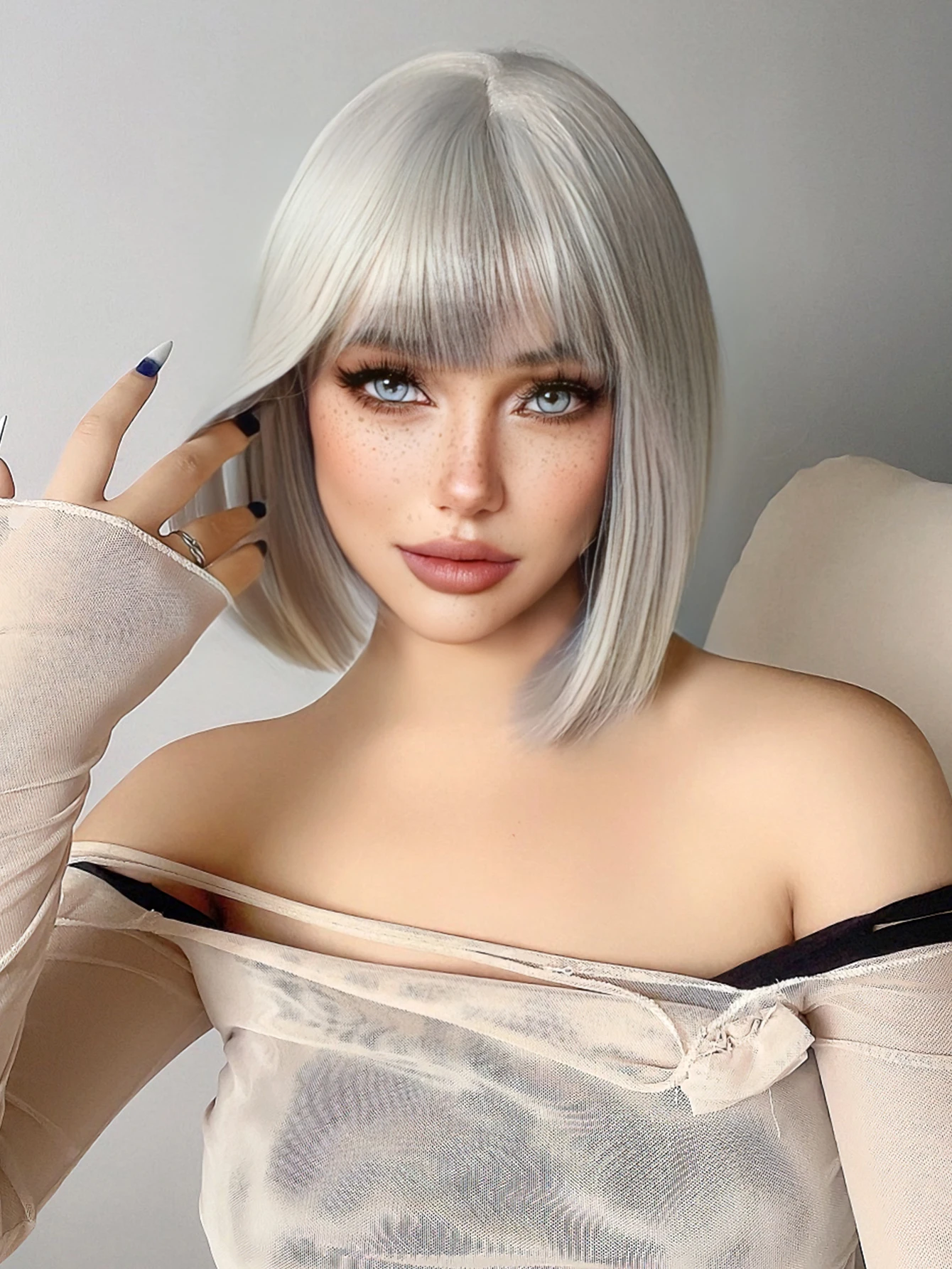 12Inch Silver Synthetic Wigs With Bang Short Natural Straight Hair Wig For Women Daily Use Cosplay Drag Queen Heat Resistant