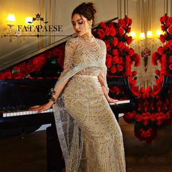 Fatapaese personalizado luxo pérolas dubai camas champanhe vestidos de noite boné árabe sereia festa de casamento celebridade vestido de baile