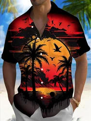 Camisa hawaiana de manga corta para hombre, camisa suave para diario, social, atardecer, bajo el árbol de coco, 2024