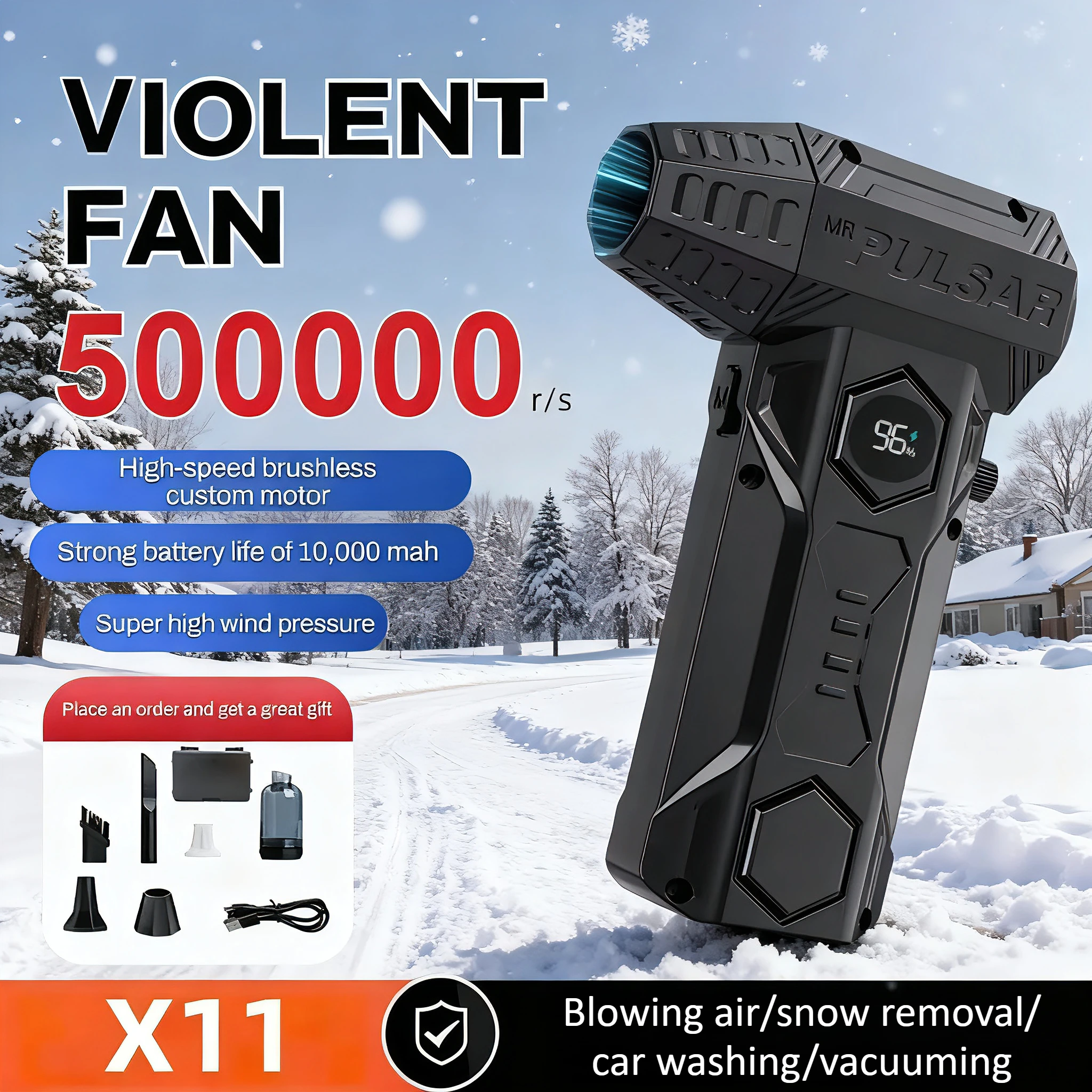 

X11 high-speed fan, feels like it's flying, 500,000 RPM, power consumption displayed,Snow Dust Cleaner,Car vacuum cleaner.